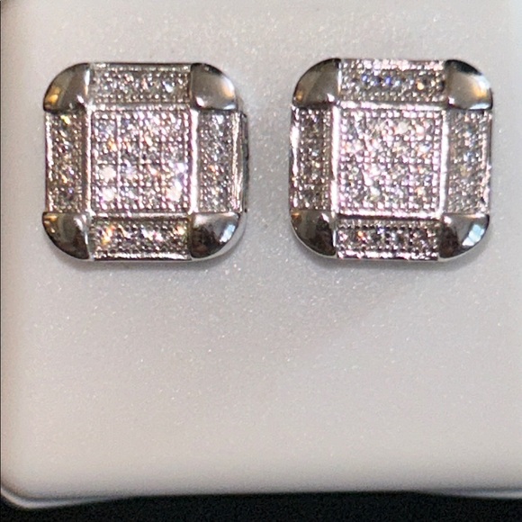 Silver Square CZ Stud Earrings - Picture 2 of 8